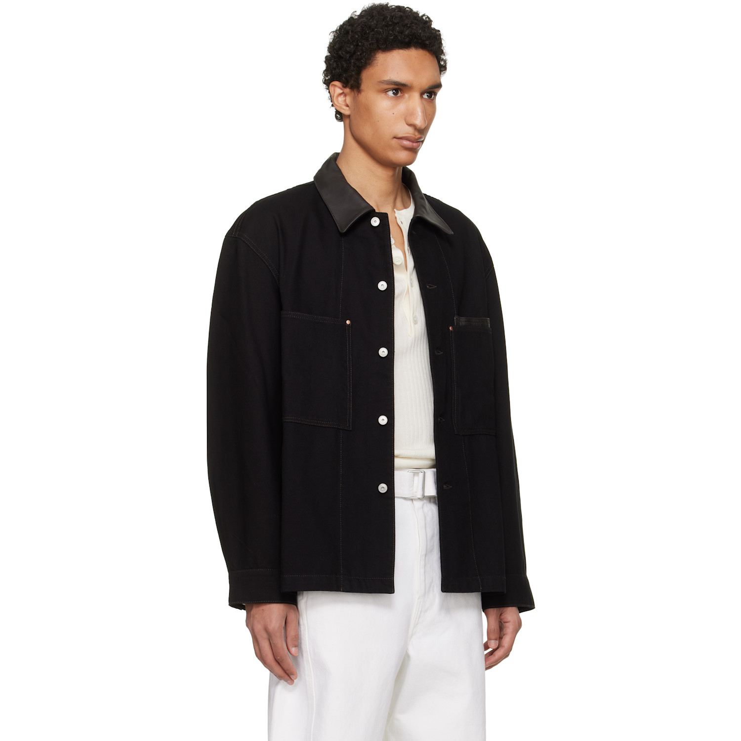  Lemaire Black Workwear Leather Collar Denim Overshirt 
