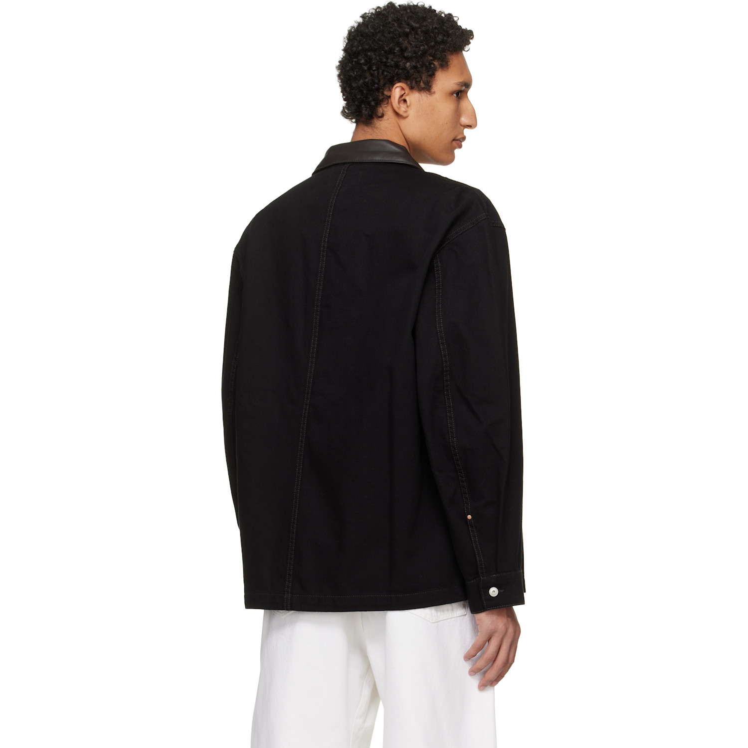  Lemaire Black Workwear Leather Collar Denim Overshirt 