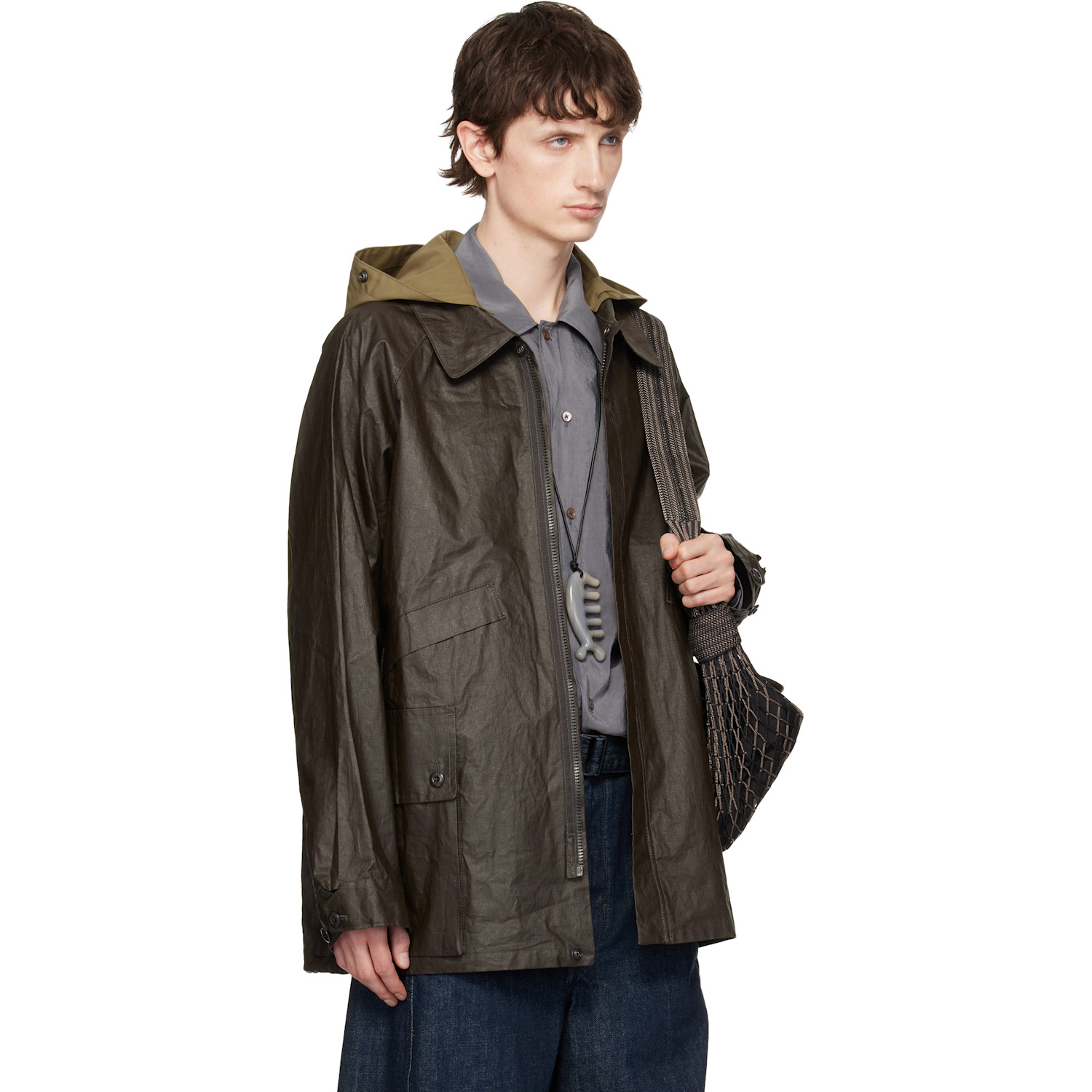  Lemaire Brown Detachable Hood Coated Technical Linen Rain Jacket 