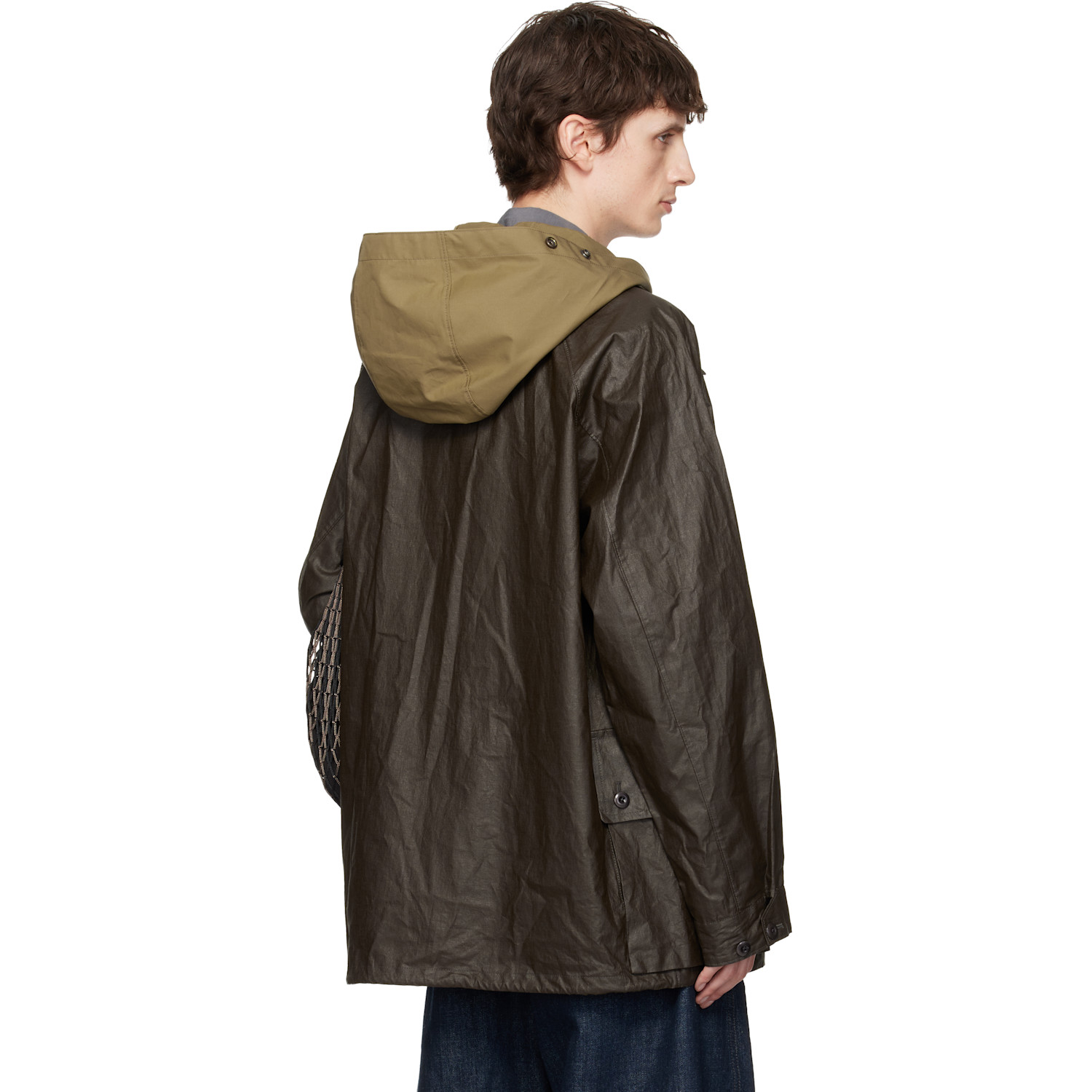  Lemaire Brown Detachable Hood Coated Technical Linen Rain Jacket 