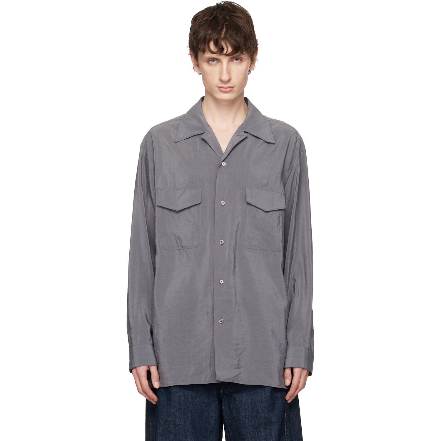 LEMAIRE Gray Convertible Collar Dry Silk Shirt