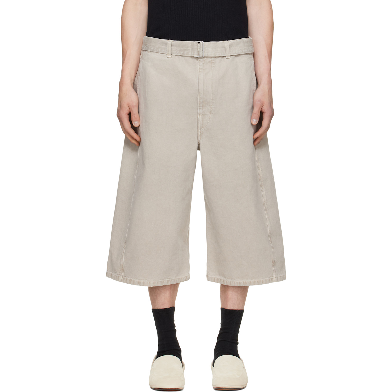 LEMAIRE Taupe Wide-Leg Belted Denim Shorts