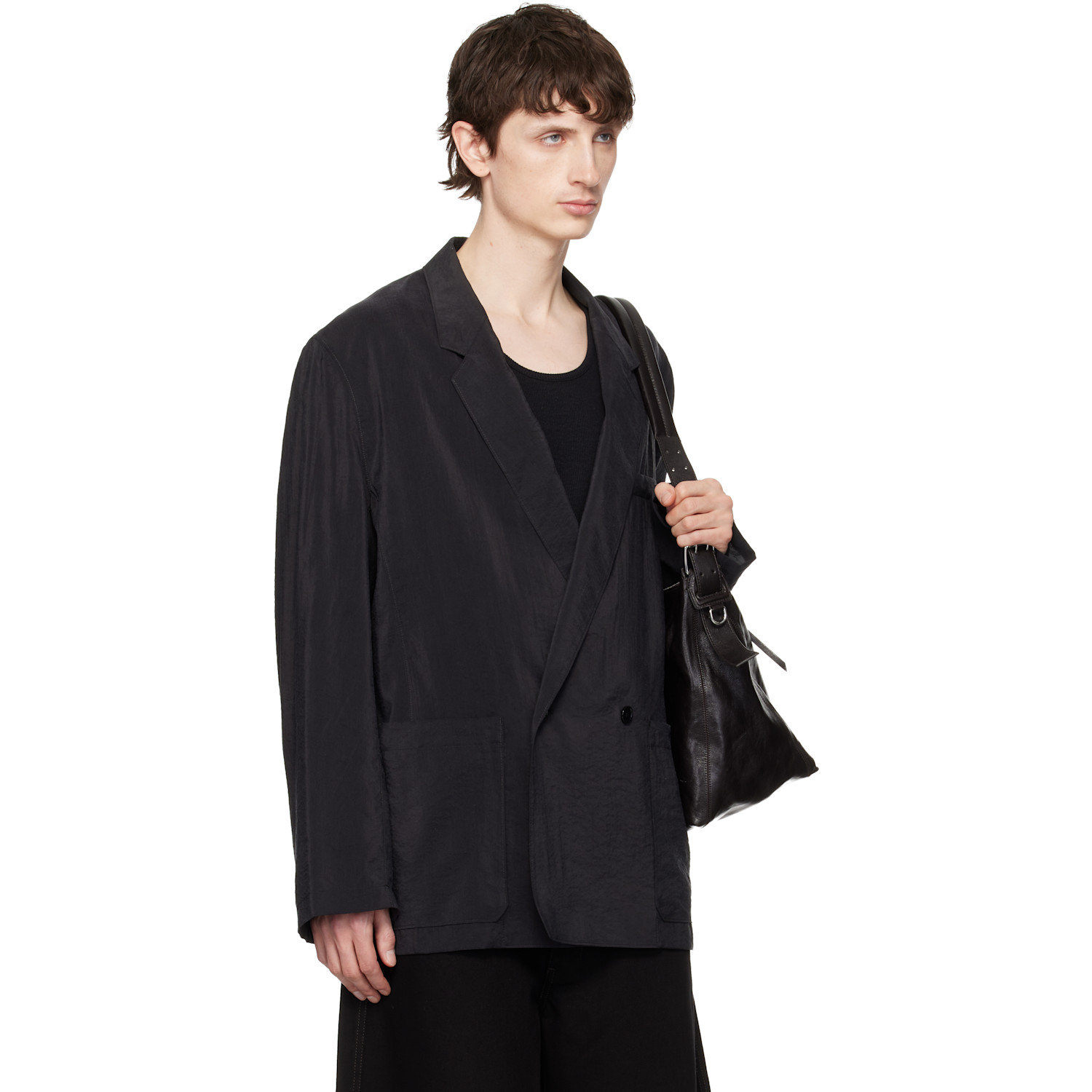  Lemaire Black Soft Double Breasted Dry Silk Blazer 