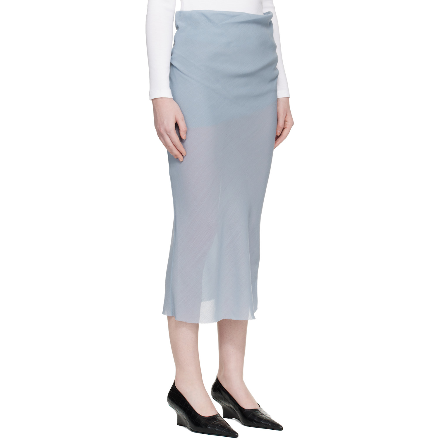  Rier Blue Wool Gaze Draped Midi Skirt 