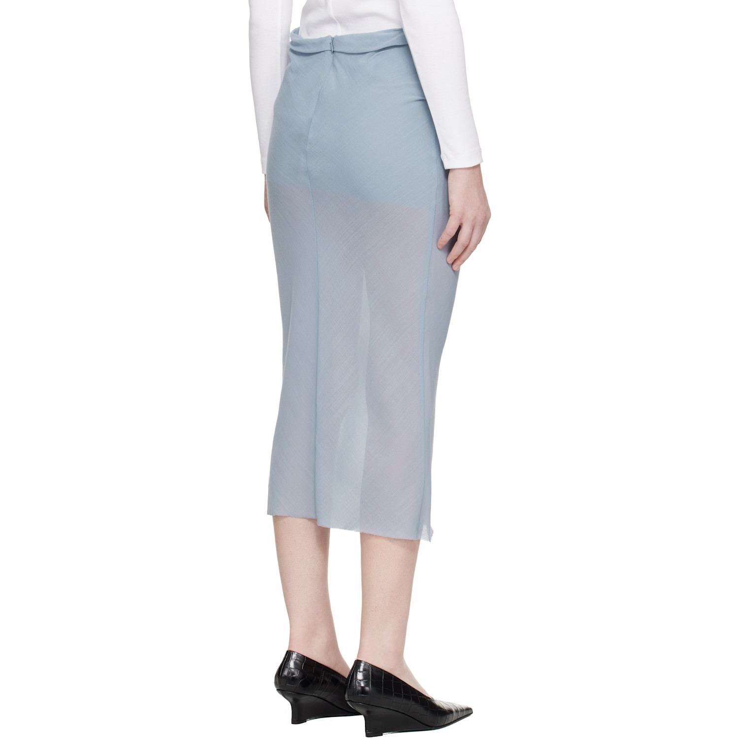  Rier Blue Wool Gaze Draped Midi Skirt 