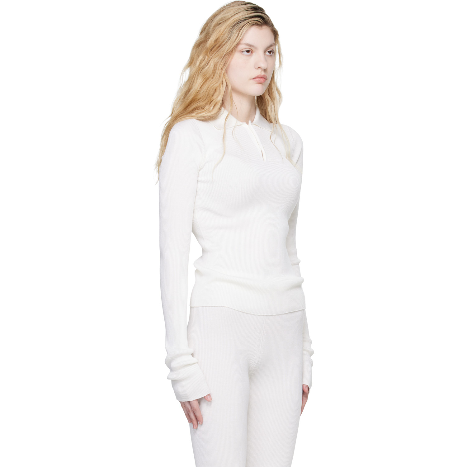  Rier Off-white Fine Rib Silk Polo 
