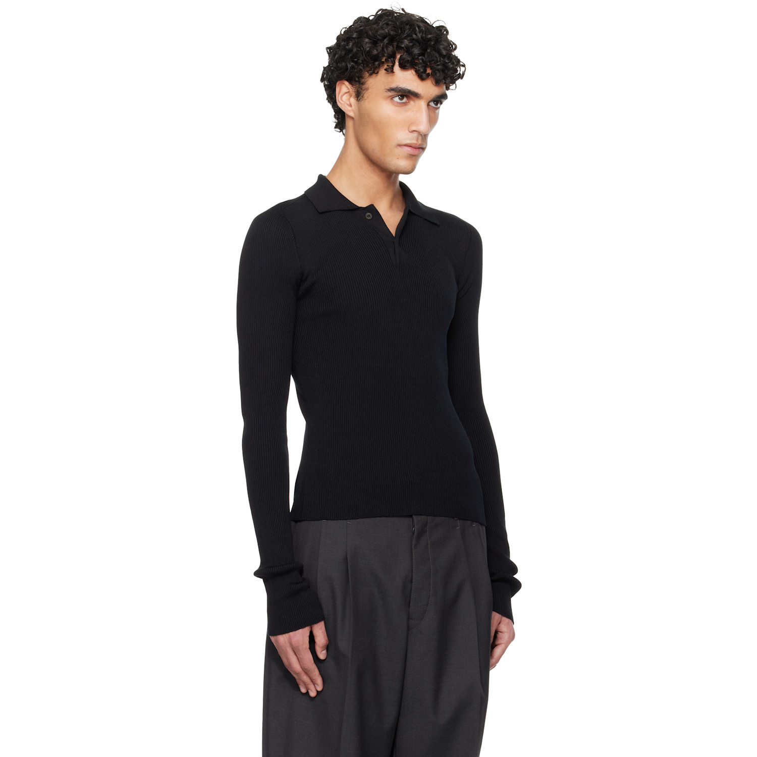  Rier Black Fine Rib Silk Polo 