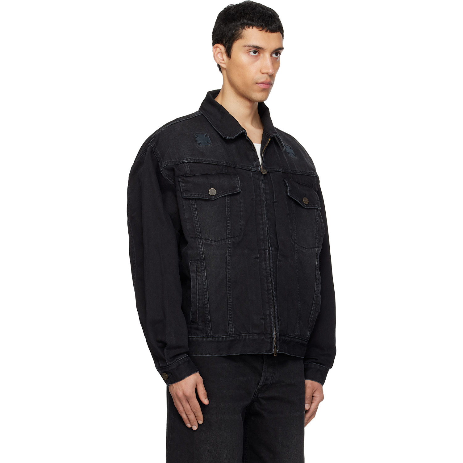  Vetements Black Appliqué Biker Crosses Zip Denim Jacket 