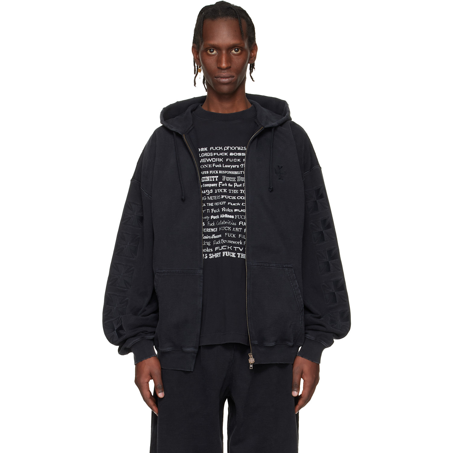 VETEMENTS Black Embroidered Biker Cross Sleeves Zip-Up Hoodie