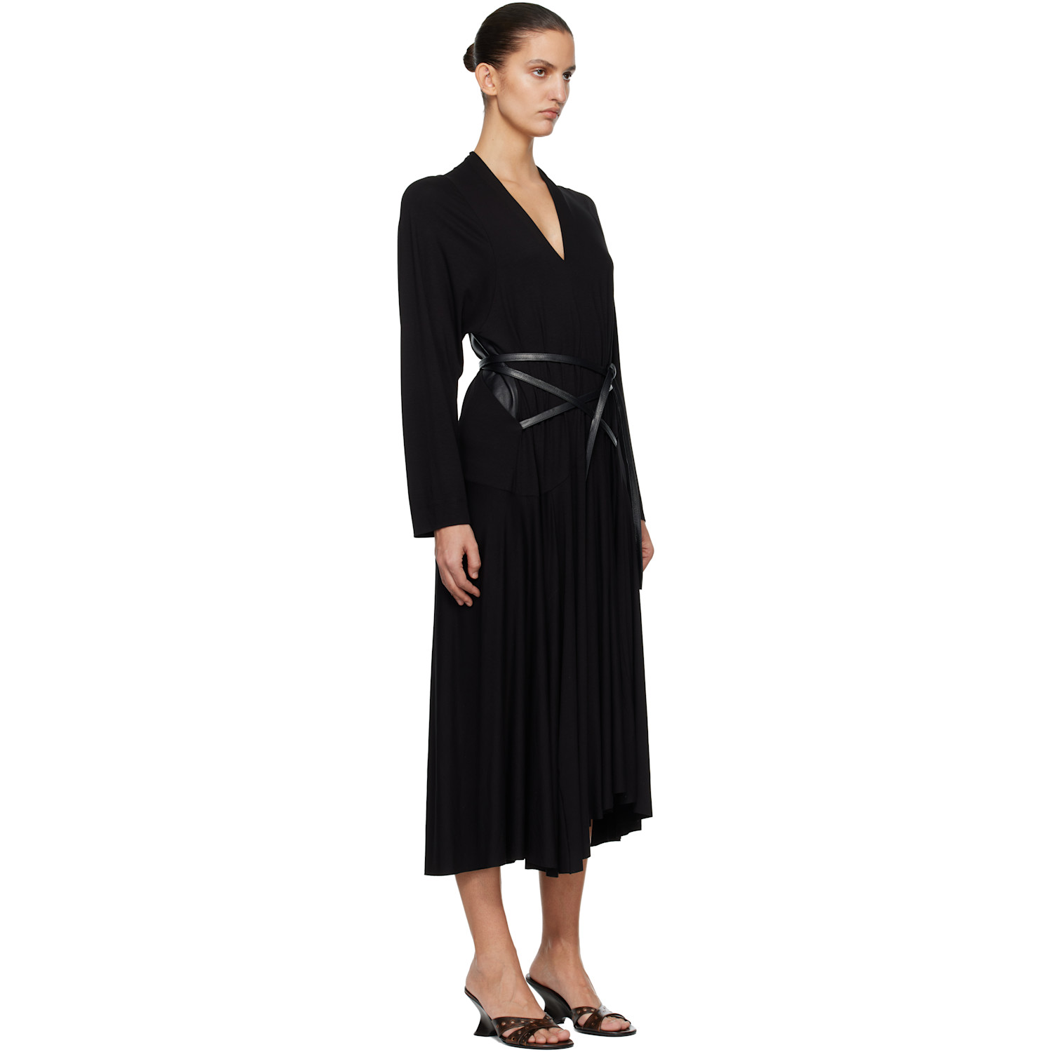  Aaron Esh Black Jersey & Leather Wrap Midi Dress 