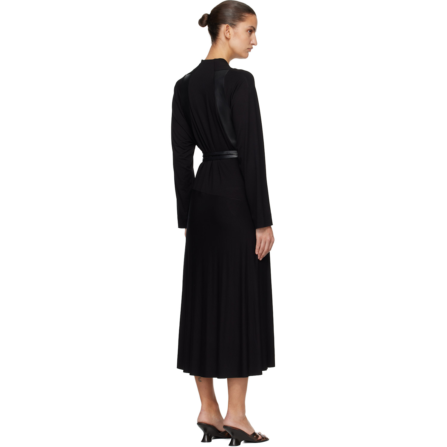  Aaron Esh Black Jersey & Leather Wrap Midi Dress 