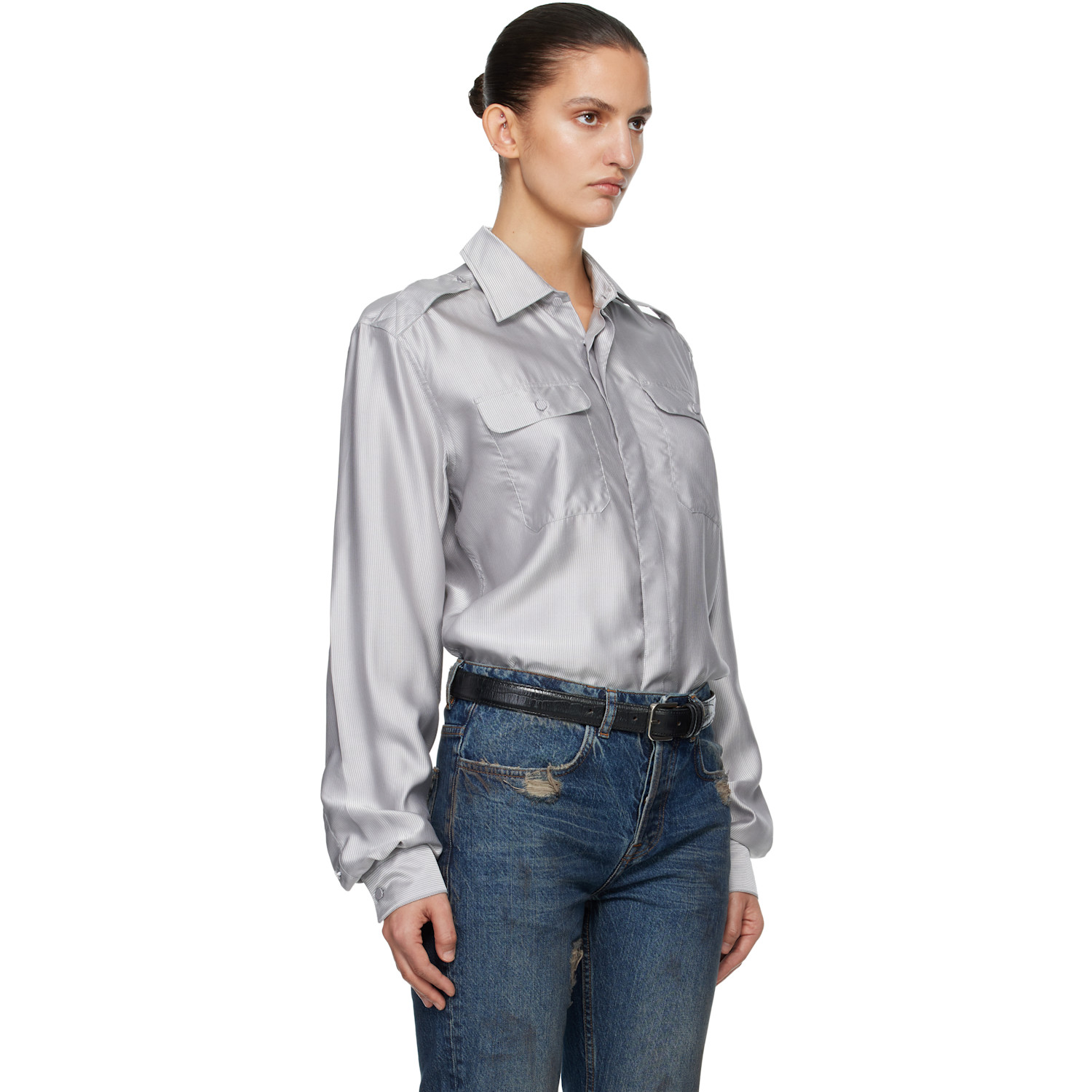  Aaron Esh Gray Silk Military Shirt 
