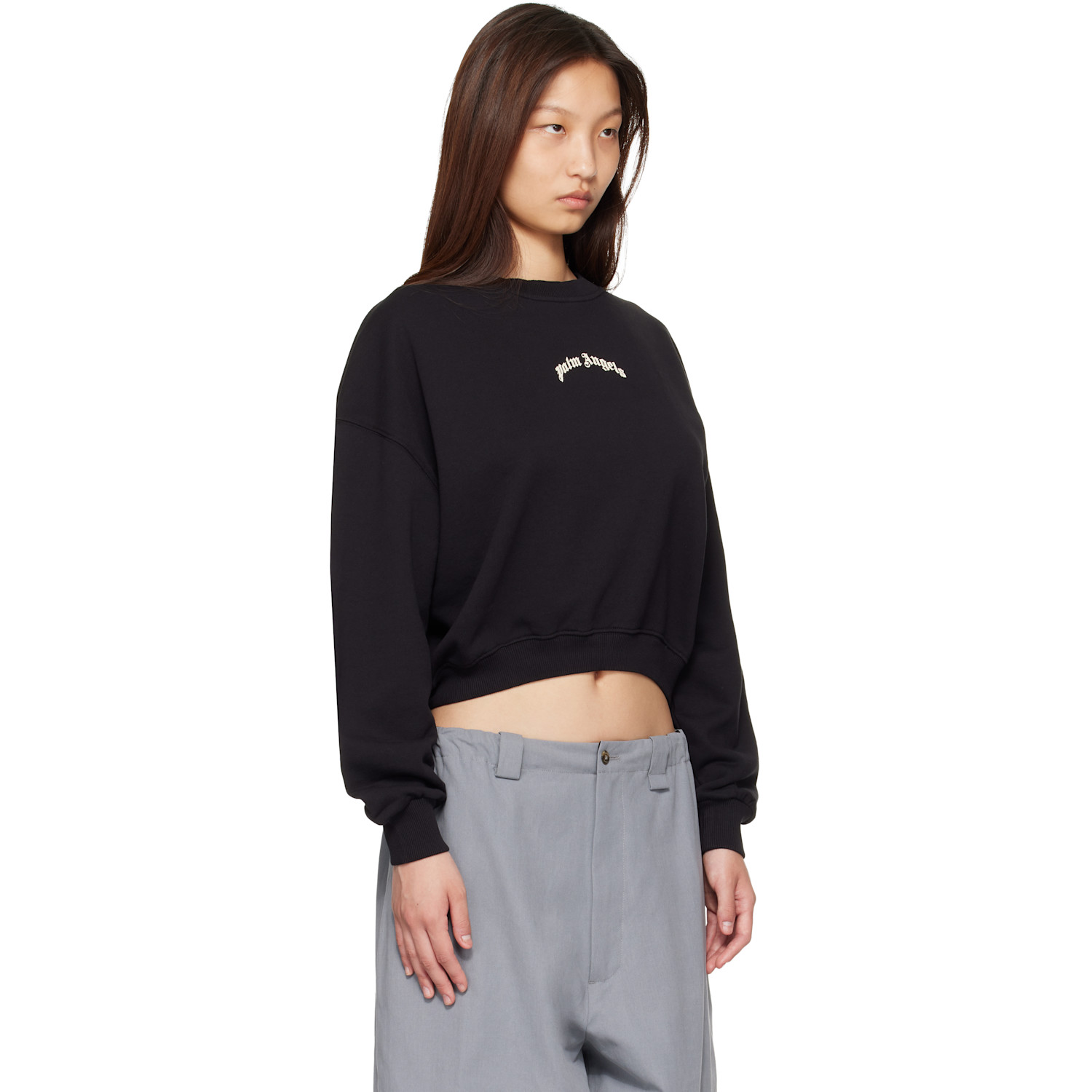  Palm Angels Black Curved Logo Crop Sweatshirt 