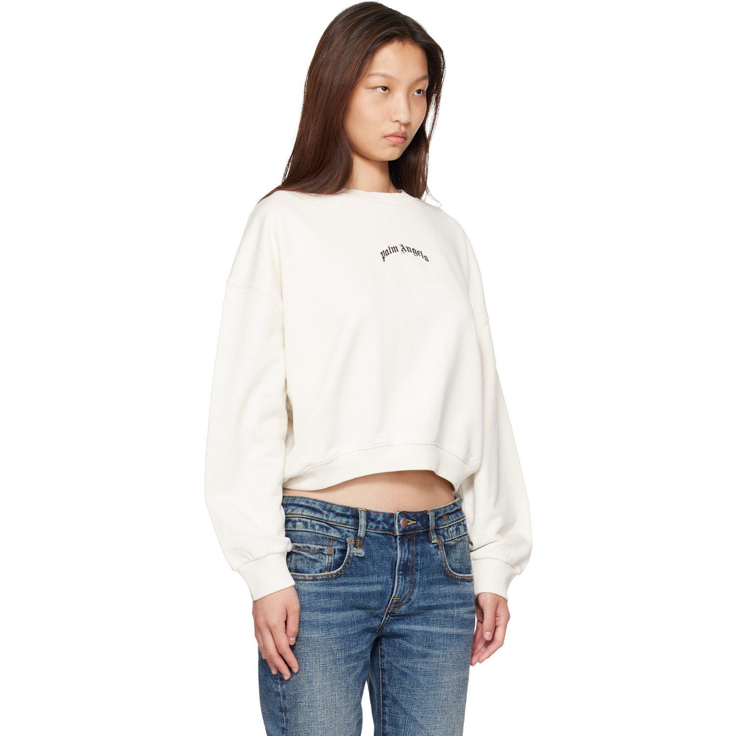  Palm Angels Off-white Curved Logo Crop Sweatshirt 