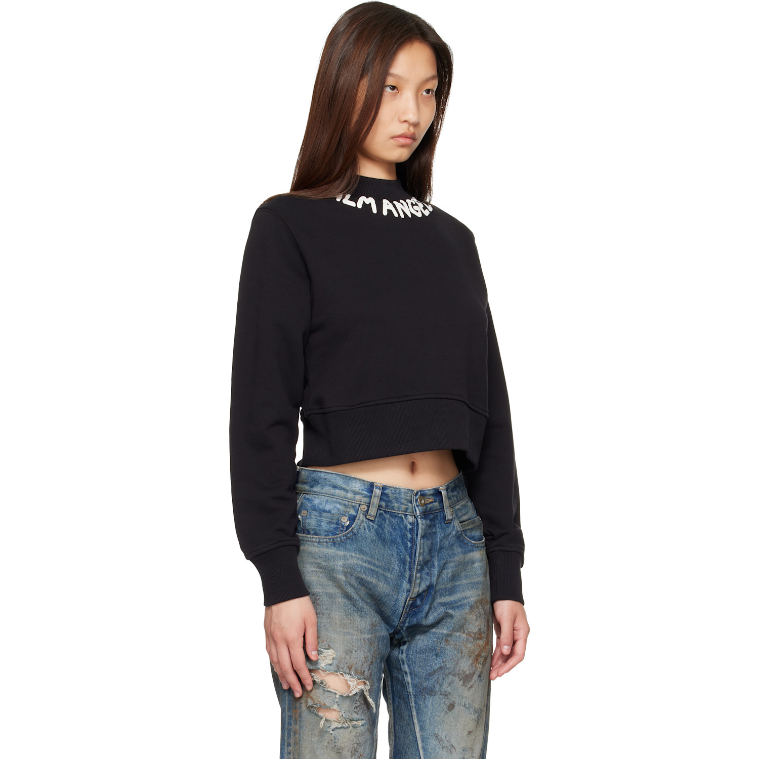  Palm Angels Black Neck Logo Fitted Sweatshirt 