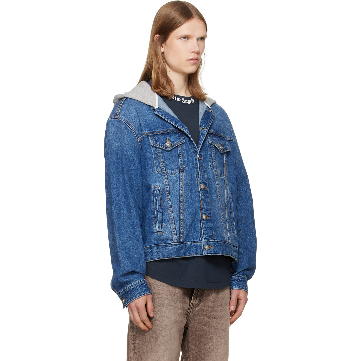  Palm Angels Blue Curved Logo Denim Jacket 