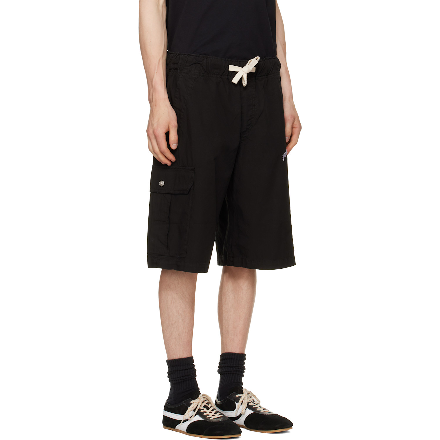  Palm Angels Black Curved Logo Loose Cargo Shorts 