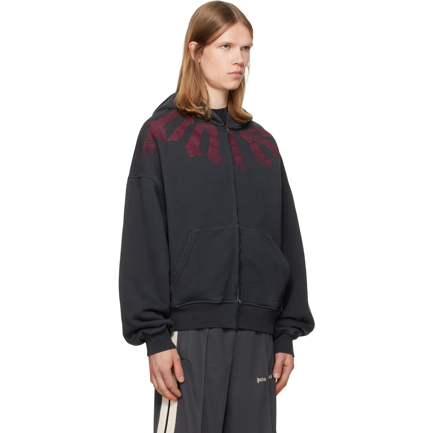  Palm Angels Black Big Neck Logo Zip Hoodie 