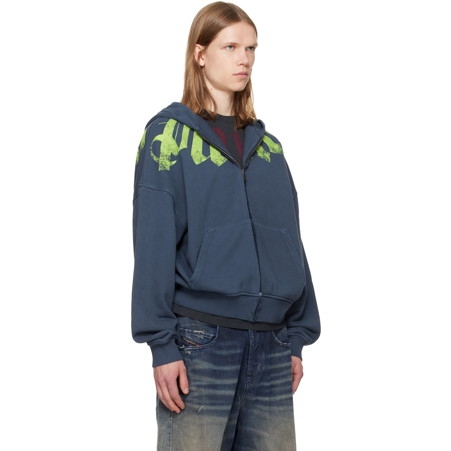  Palm Angels Navy Big Neck Logo Zip Hoodie 