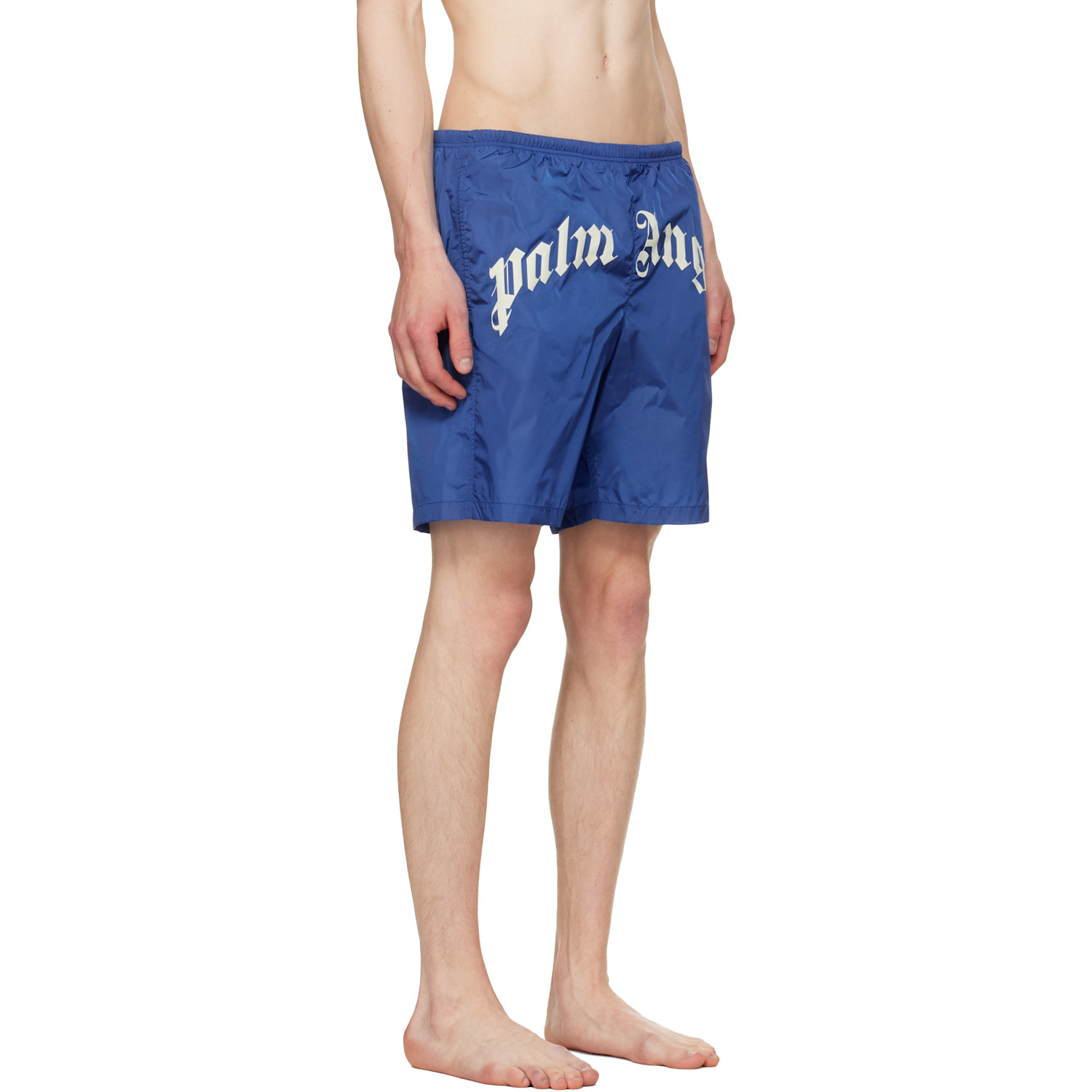  Palm Angels Navy Curved Logo Swim Shorts 