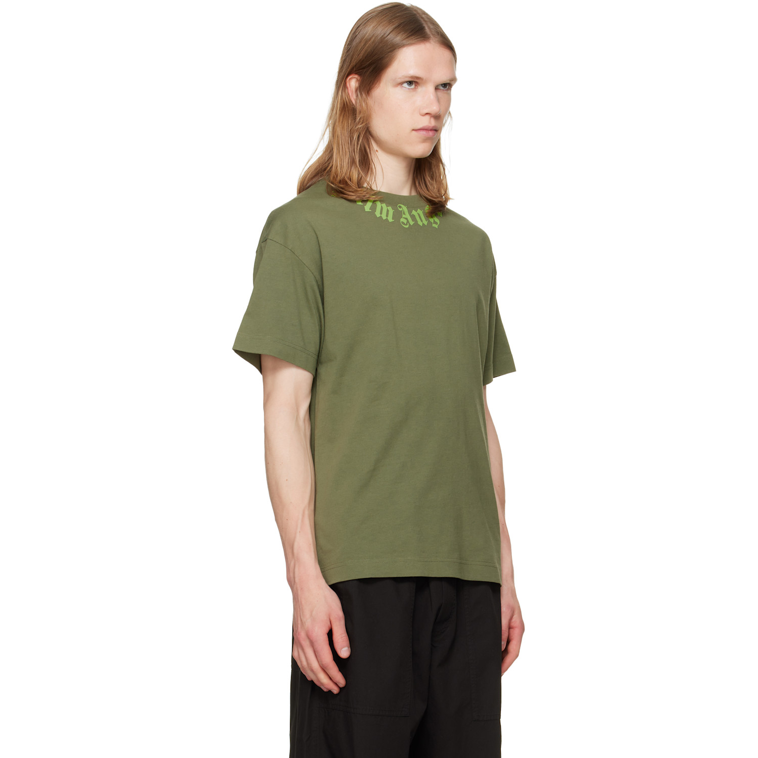  Palm Angels Khaki Neck Logo Regular T-shirt 