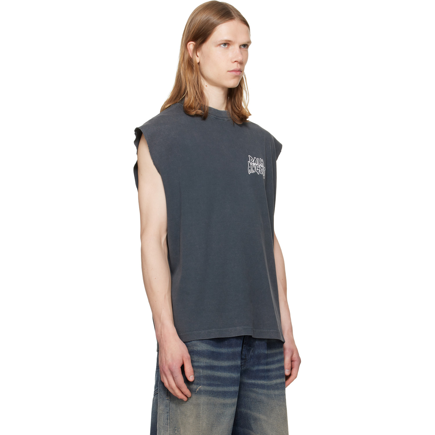  Palm Angels Black Palm Leaf Distressed Tank Top 