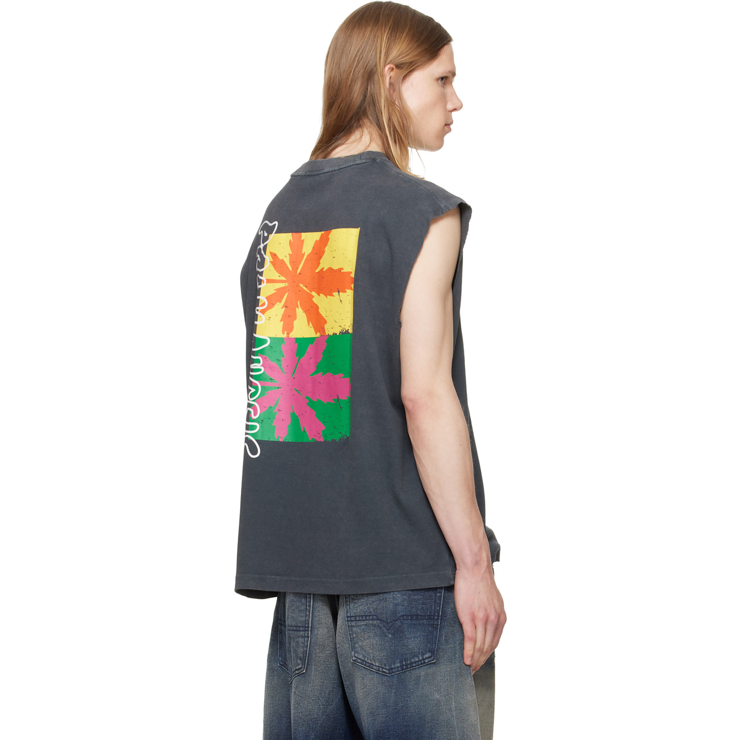  Palm Angels Black Palm Leaf Distressed Tank Top 