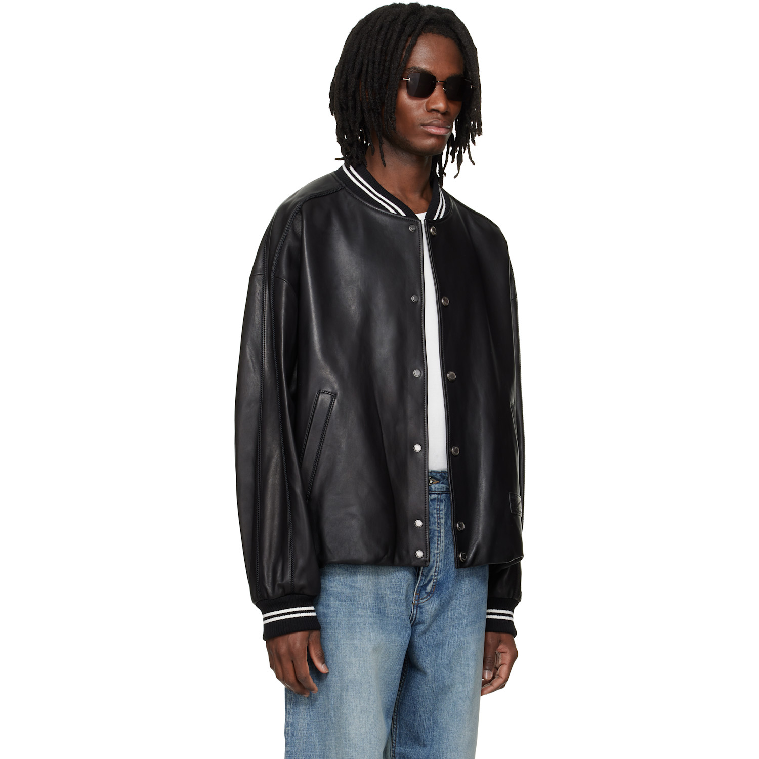  Wooyoungmi Black Leather Baseball Jacket 