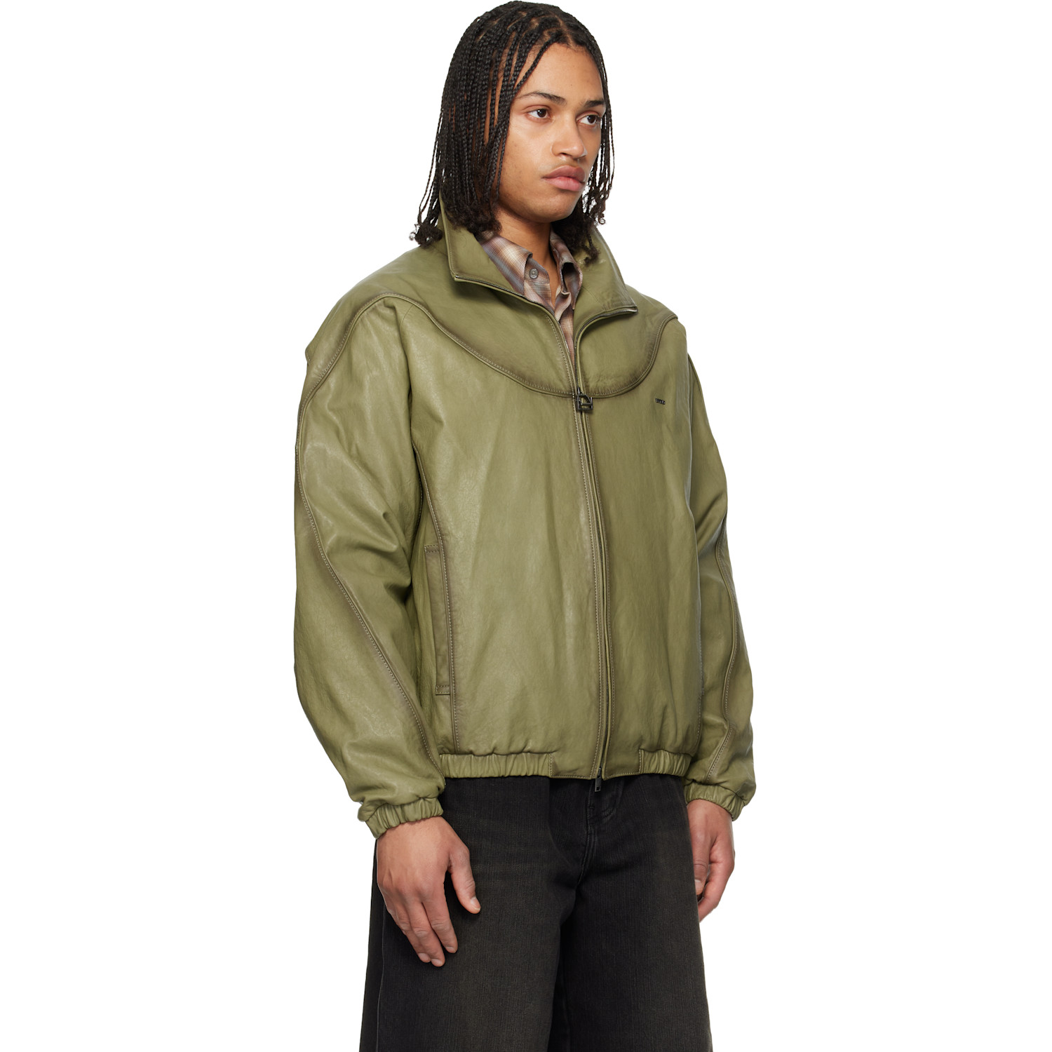  Wooyoungmi Khaki High Neck Leather Jacket 