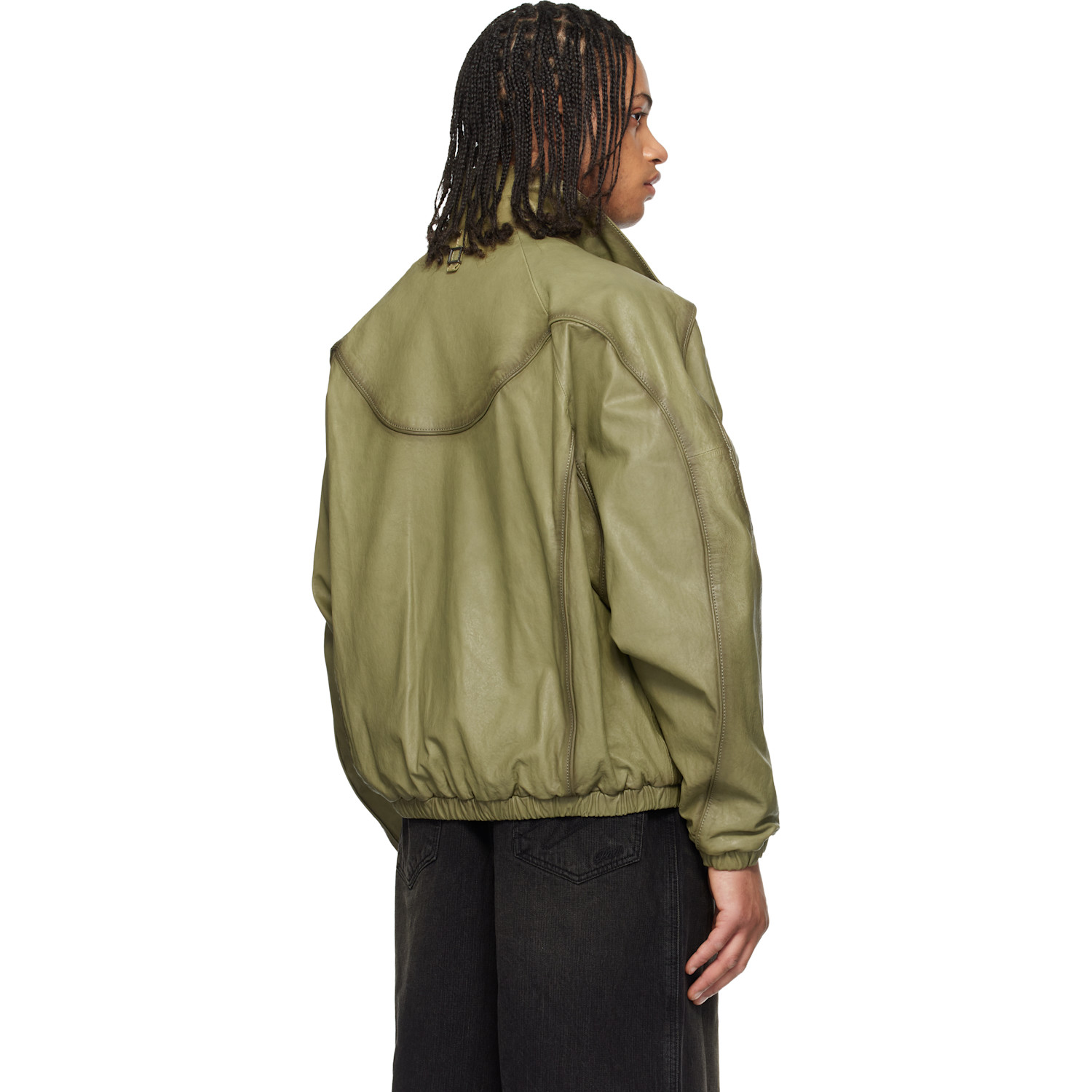  Wooyoungmi Khaki High Neck Leather Jacket 