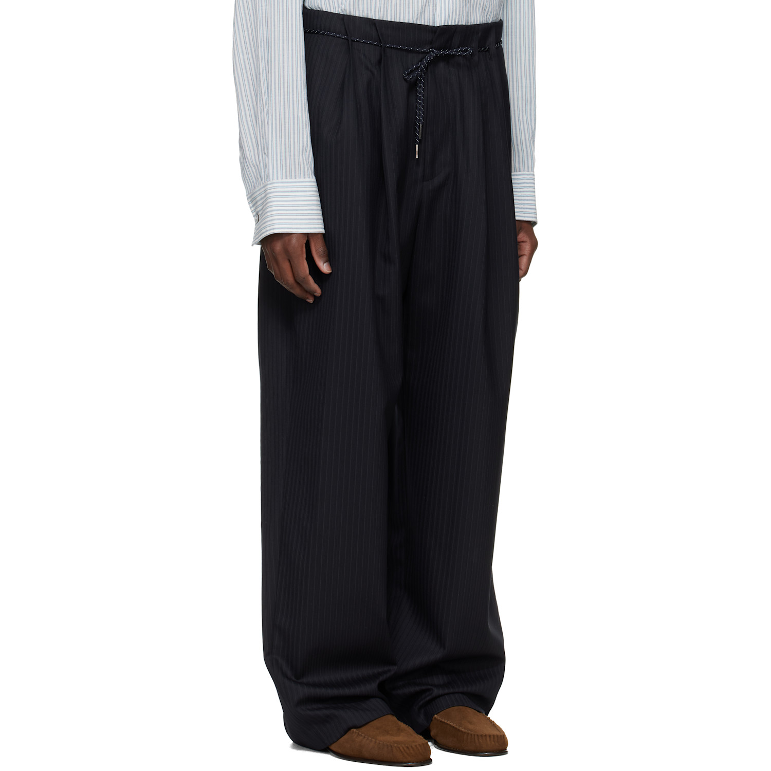  Wooyoungmi Navy Wool Stripe Wide Trousers 