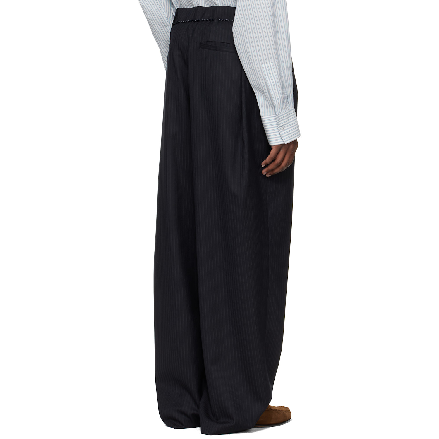  Wooyoungmi Navy Wool Stripe Wide Trousers 
