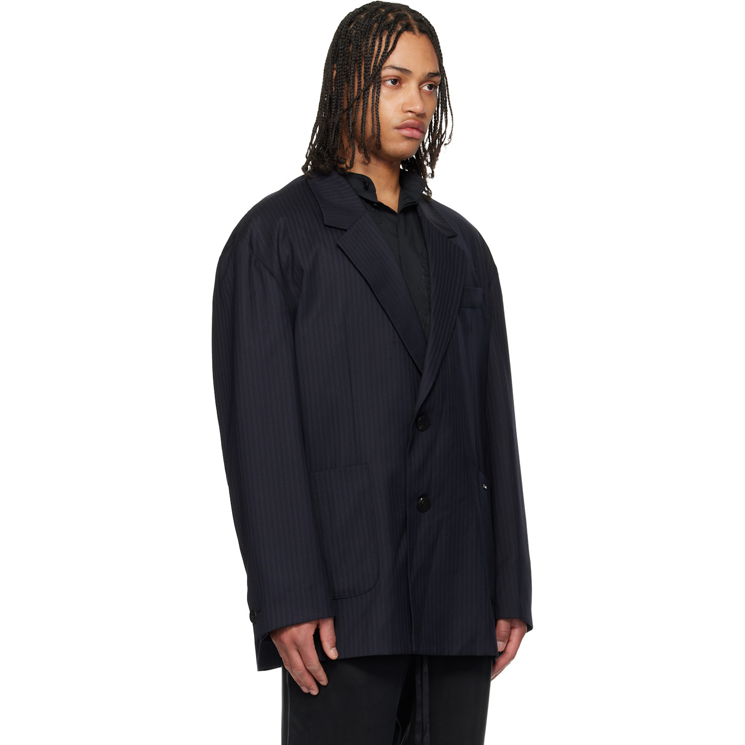  Wooyoungmi Navy Wool Stripe Wide Blazer 