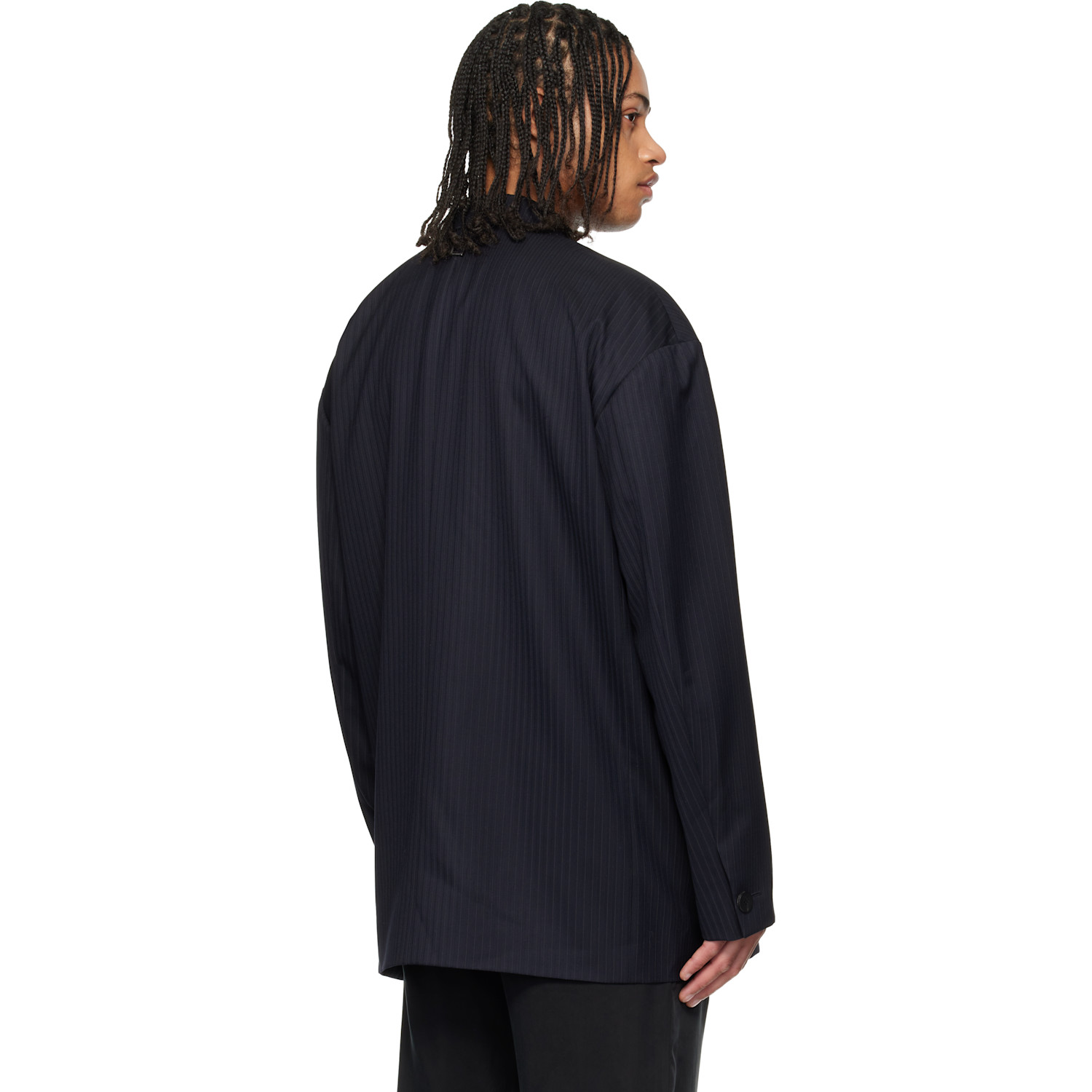  Wooyoungmi Navy Wool Stripe Wide Blazer 