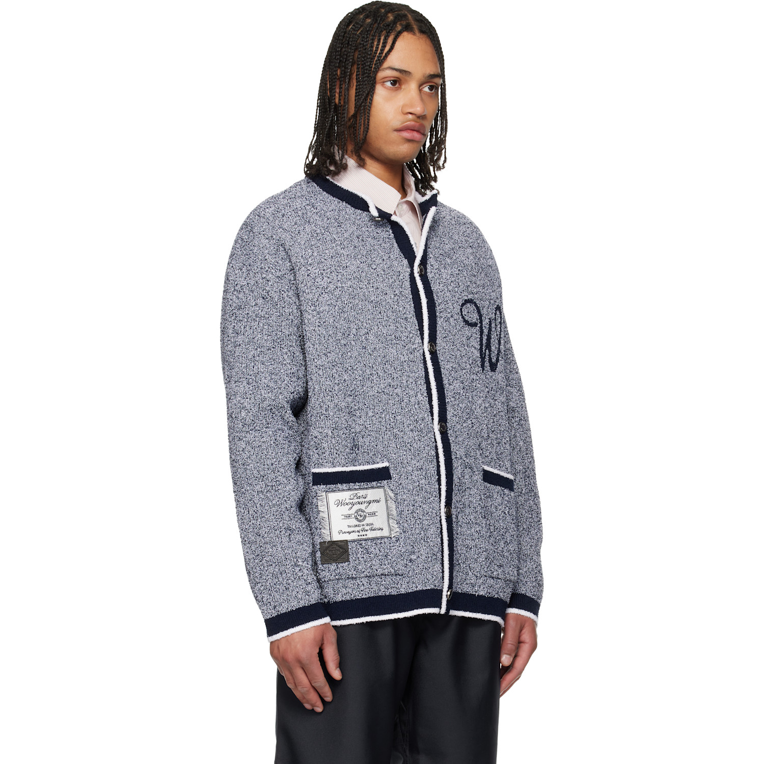  Wooyoungmi Navy Round Neck Logo Cardigan 