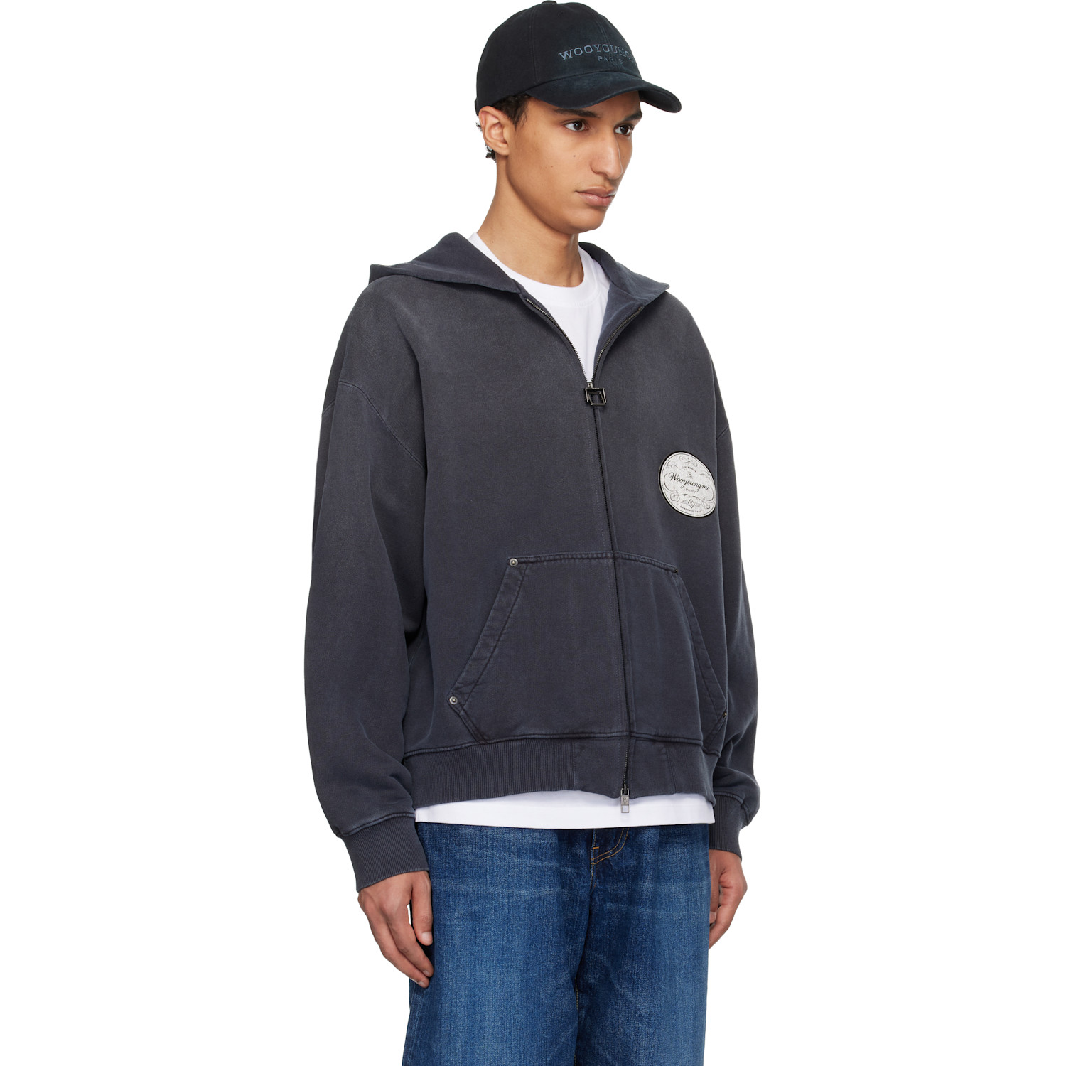  Wooyoungmi Navy Lettering Back Logo Zip-up Hoodie 