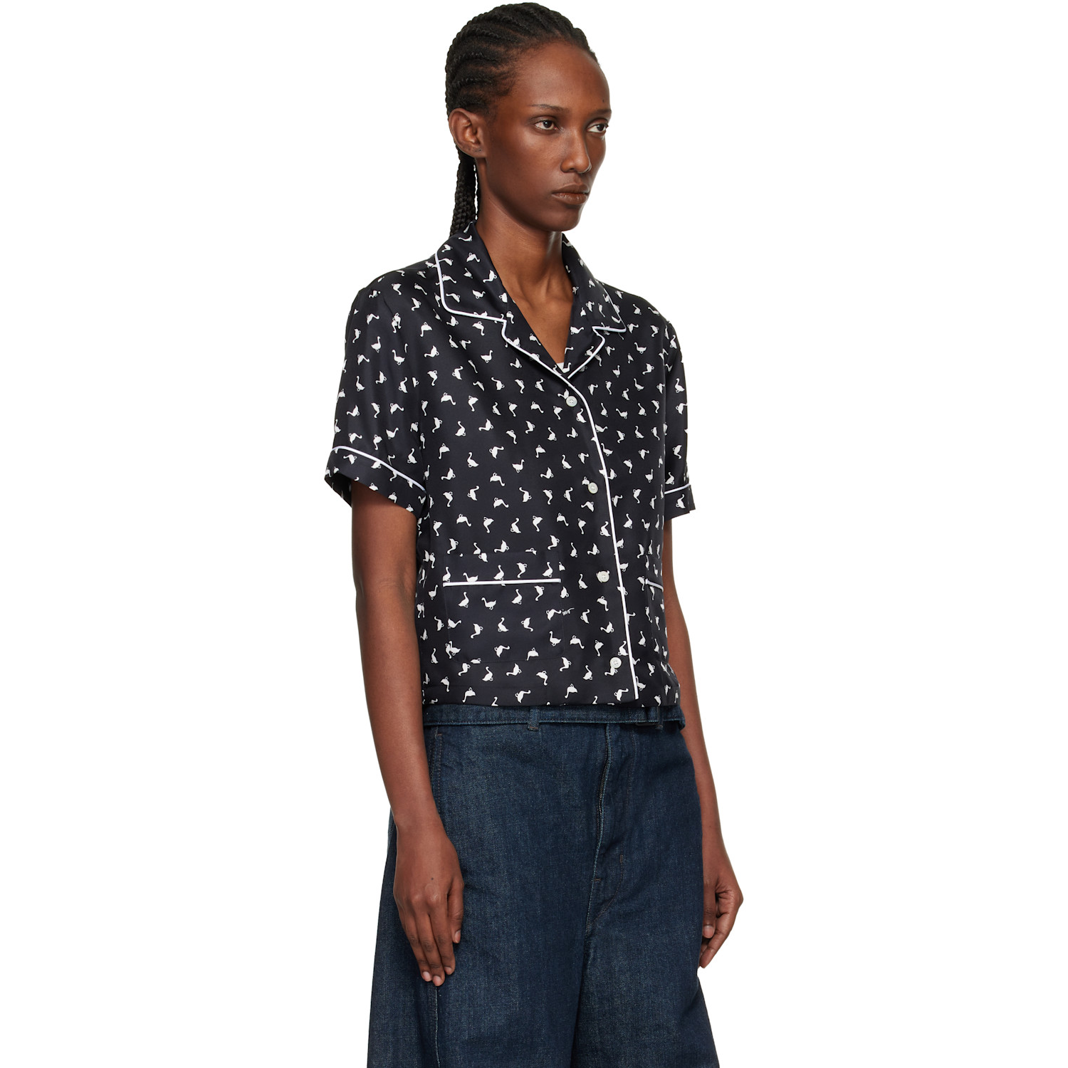  Moschino Black All Over Small Goose Print Silk Twill Blouse 