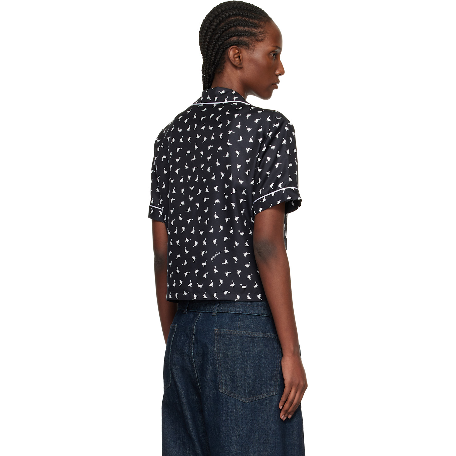  Moschino Black All Over Small Goose Print Silk Twill Blouse 