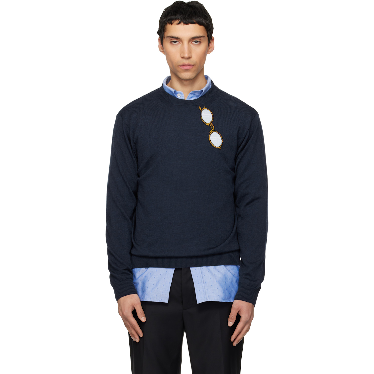 Moschino Navy Superfine Merino Wool Intarsia Sweater