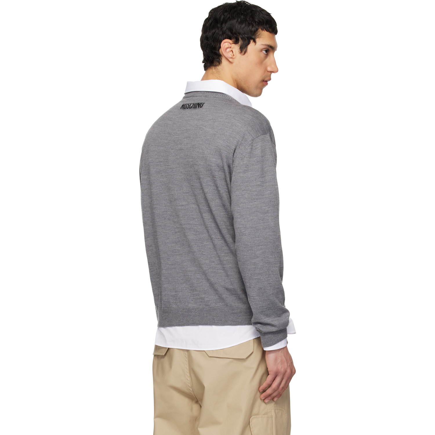  Moschino Gray Extra-fine Merino Wool Intarsia Sweater 