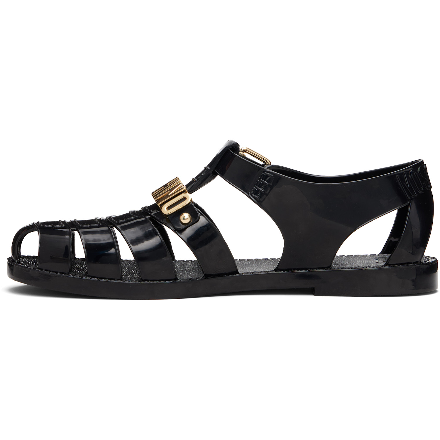  Moschino Black Jelly Logo Lettering Sandals 