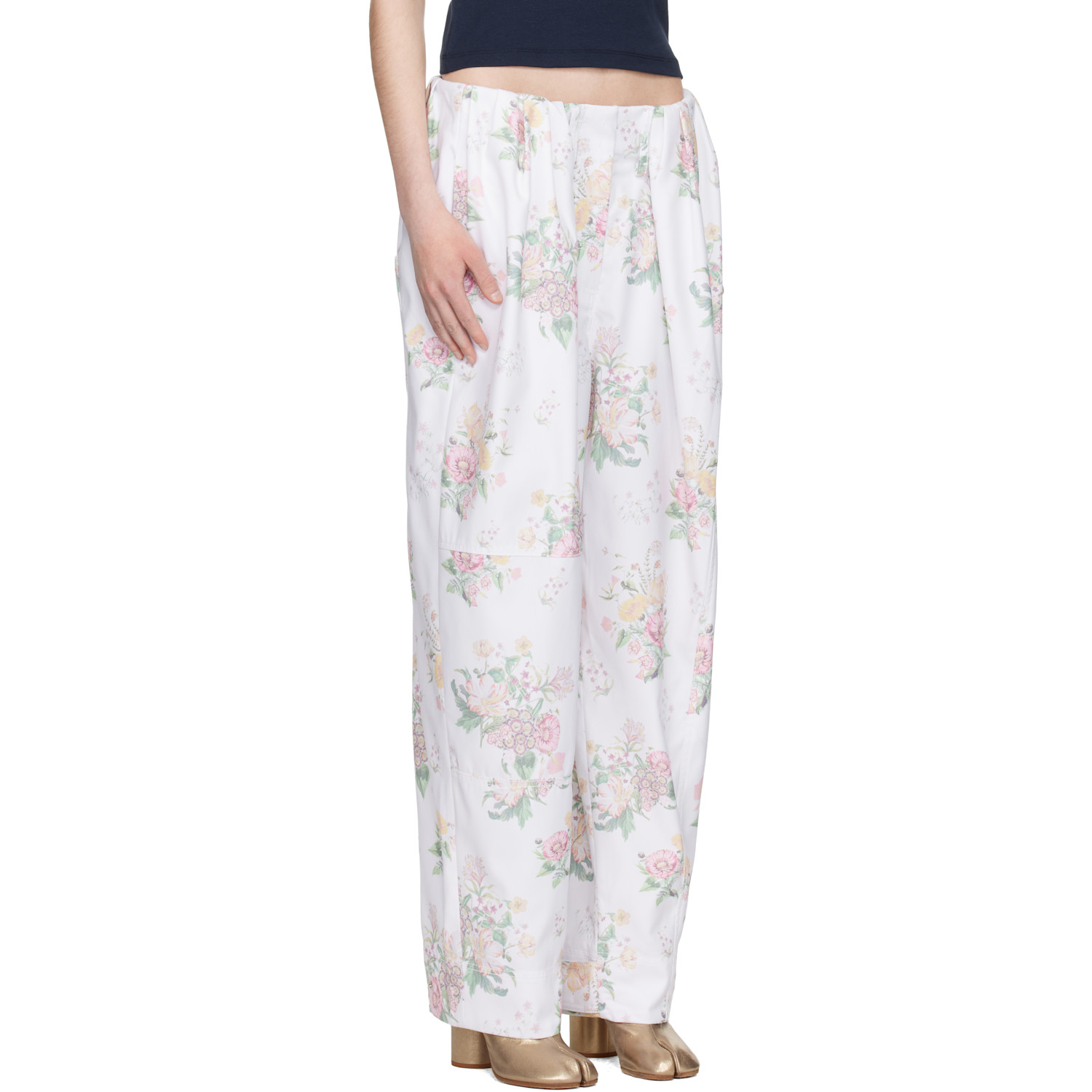  Open Yy White Full Gather Floral Trousers 