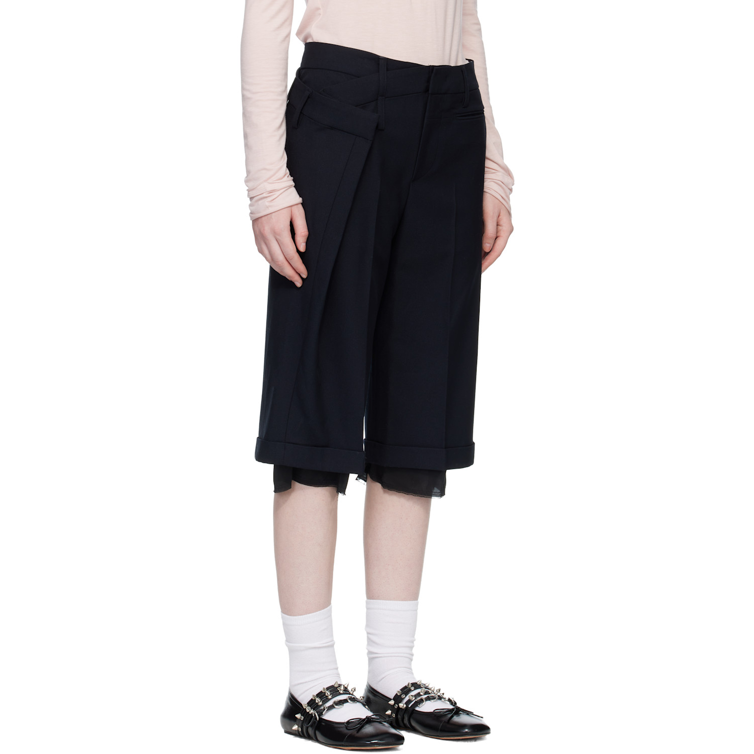  Open Yy Black Wrap Over Bermuda Shorts 