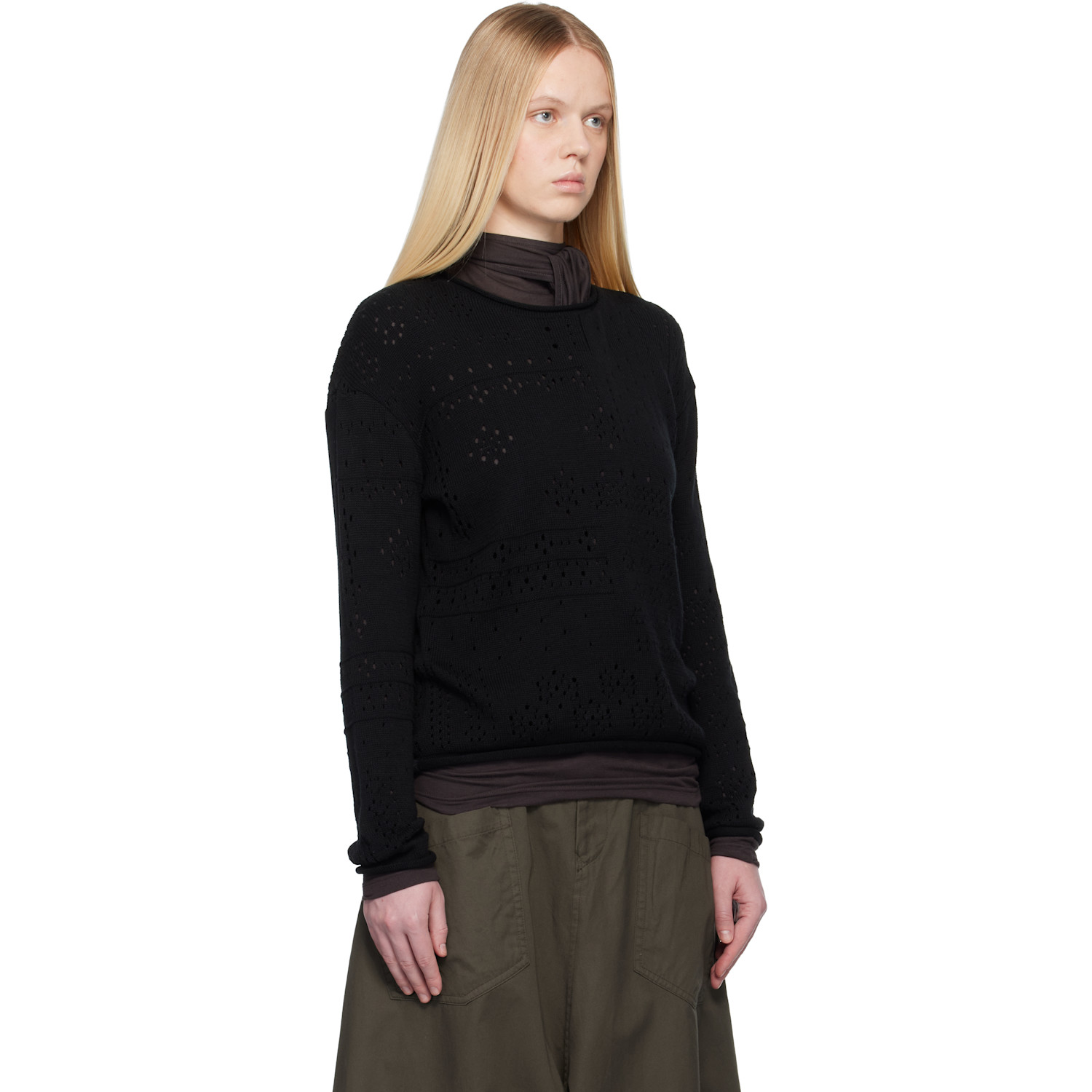  Y's Black Patchwork Lace Curled Collar Sweater 