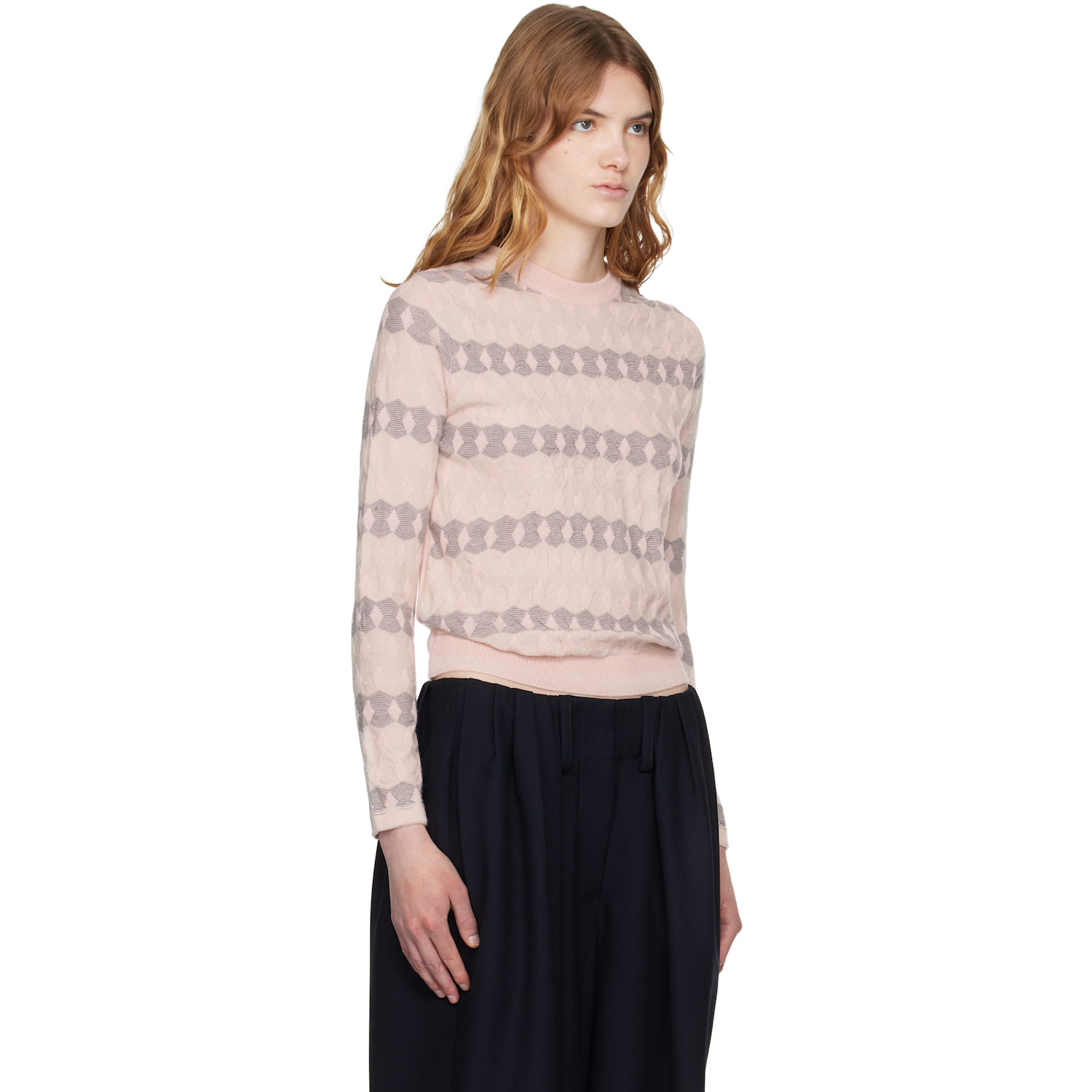  Open Yy Pink Jacquard Pullover Sweater 