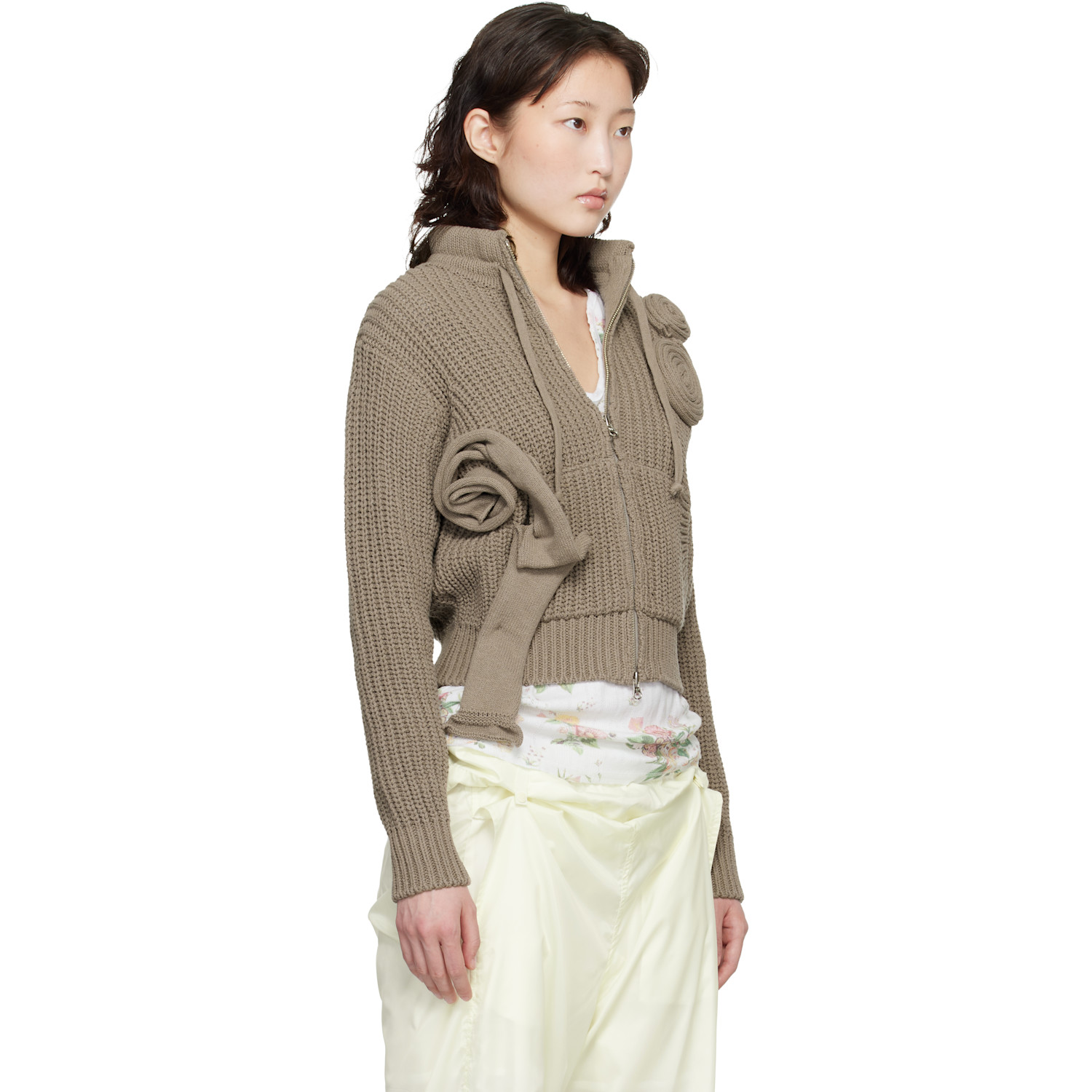  Open Yy Taupe Applique Knit Zipup Sweater 