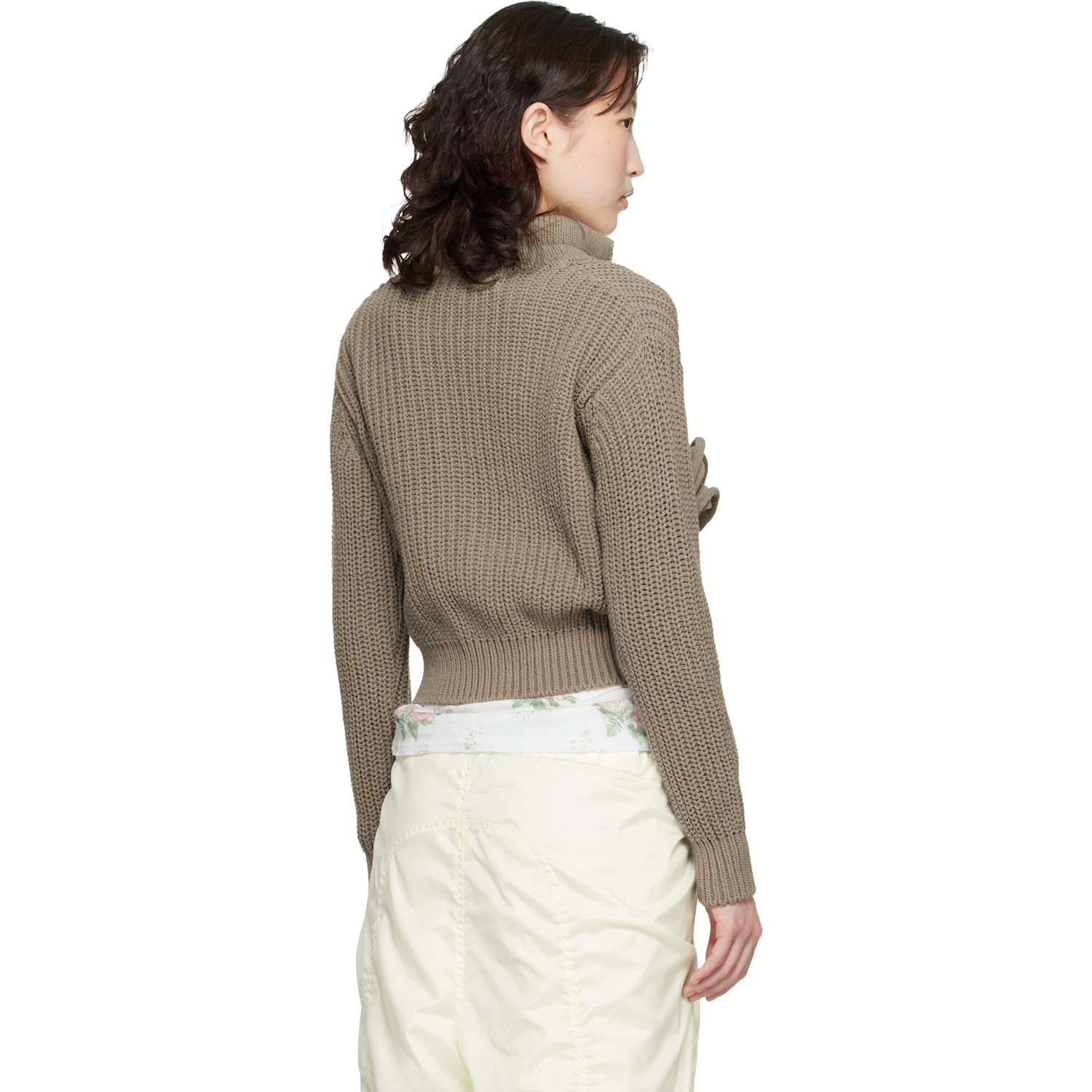  Open Yy Taupe Applique Knit Zipup Sweater 