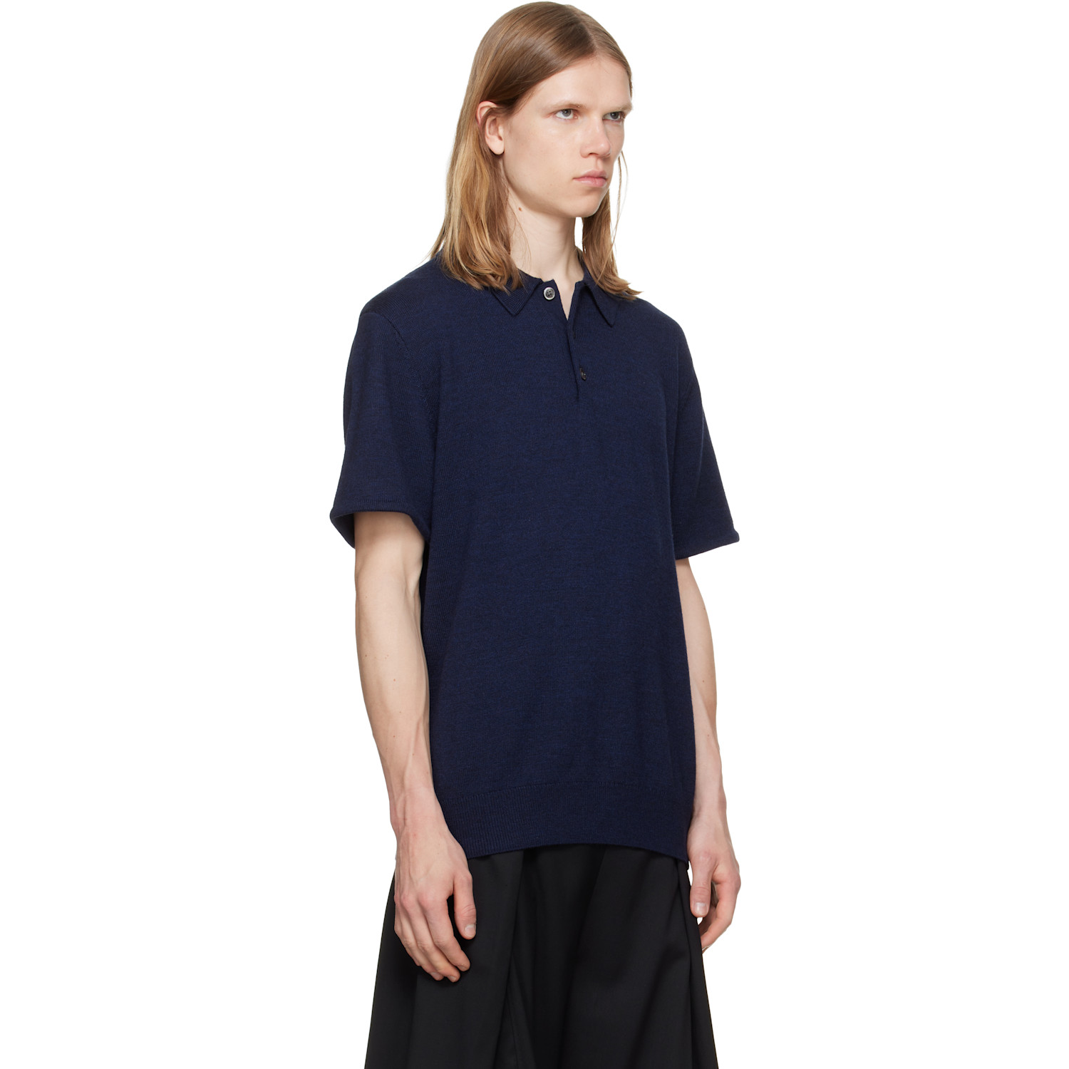  Hodakova Navy Knit Wool Short Sleeve Polo 