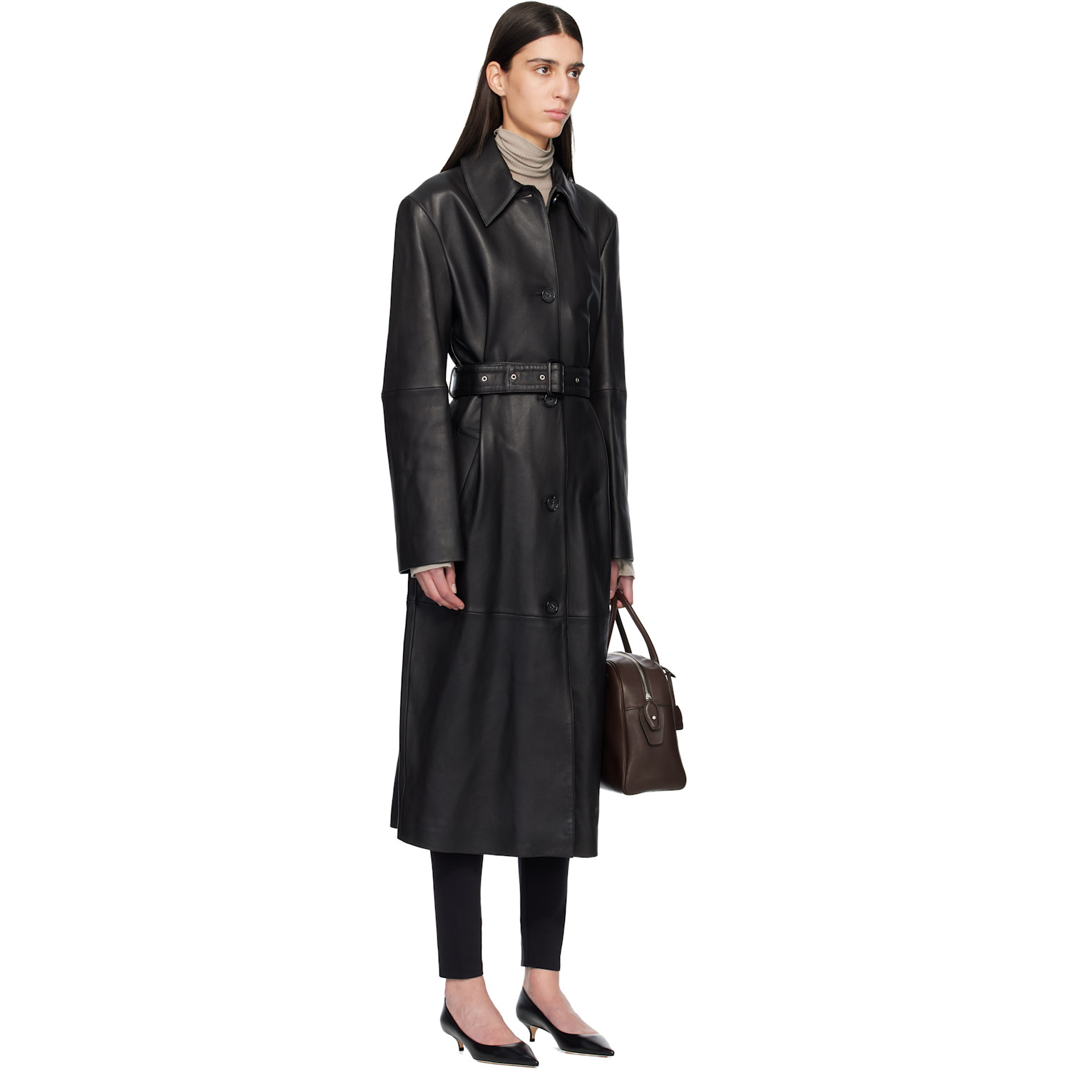  Toteme Black Belted Leather Coat 