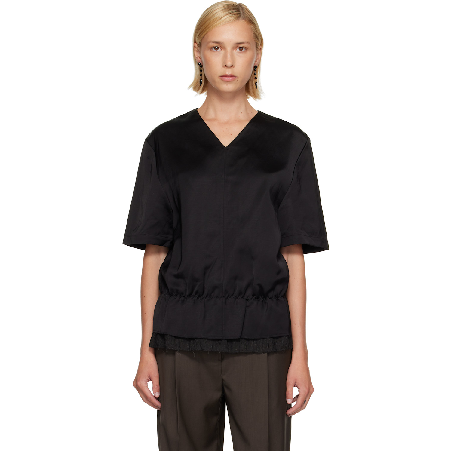TOTEME Black V-Neck Satin Pullover Top